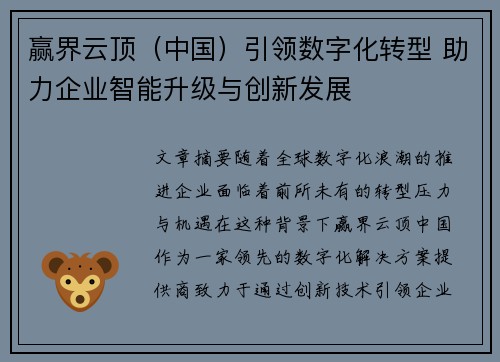 赢界云顶（中国）引领数字化转型 助力企业智能升级与创新发展
